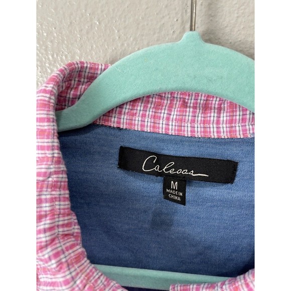 Calessa Woman's Plaid Floral Embroidered Tunic Button Top Roll Tab Size Medium - Picture 5 of 8